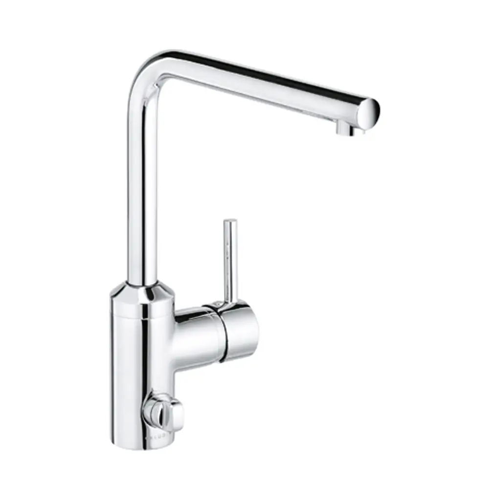 Kludi-Wasserhahn mit gebogenem Auslauf und seitlichem Griff, verchromt, für Spültische. Die Bedienung erfolgt über einen einzelnen Hebel an der Seite.